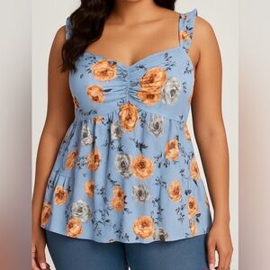 NWT!Floral Blue Sleeveless Top with adjustable ruffle strap size 14-16 or 1X